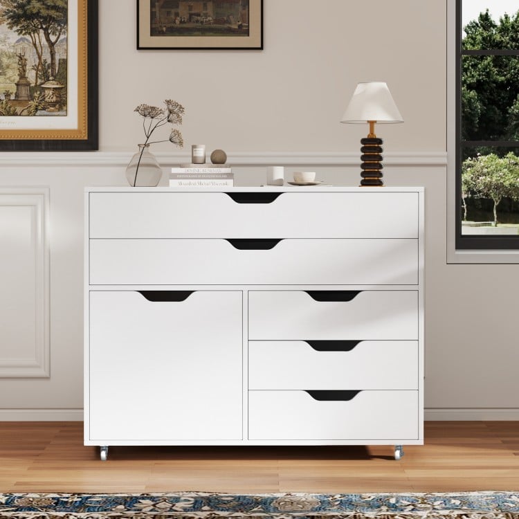 Modern vertical 5-drawer mobile chest in white with a door, featuring 5 casters for easy movement and stylish design.
