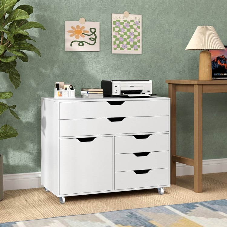 Modern vertical 5-drawer mobile chest in white with spacious top, 5 casters, and stylish design for versatile storage.