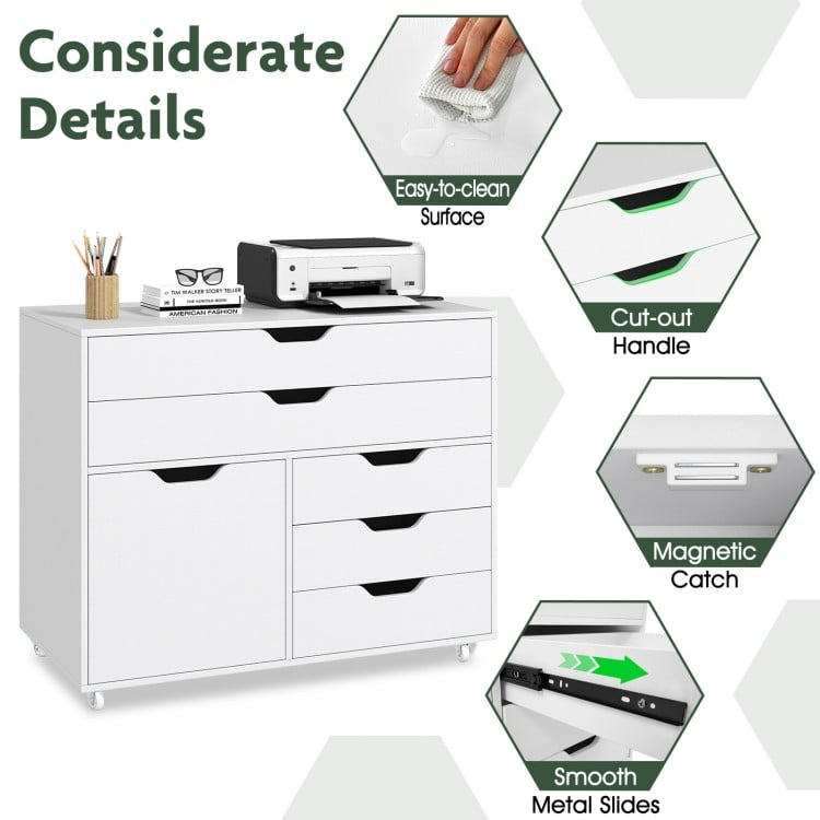 Modern vertical 5-drawer mobile chest in white features smooth metal slides and easy-to-clean surface for versatile storage.