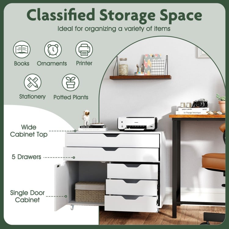 Modern vertical 5-drawer mobile chest in white with spacious top, ideal for organizing office supplies and decor.