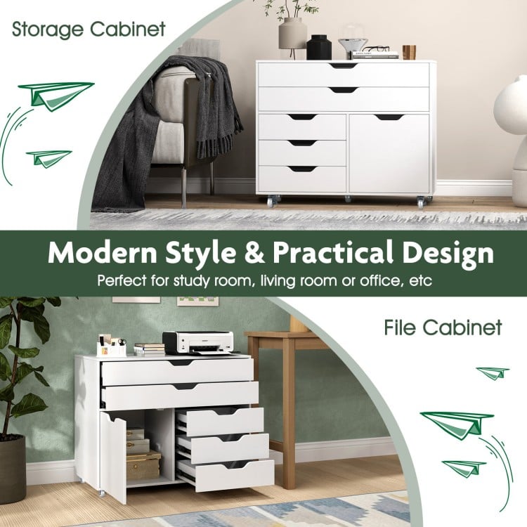 Modern vertical 5-drawer mobile chest in white with casters, ideal for organized storage in study, living room, or office.