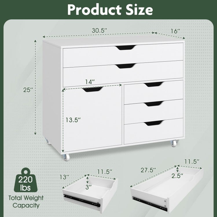 Modern vertical 5-drawer mobile chest in white with 5 casters, ideal for organized storage in home or office.