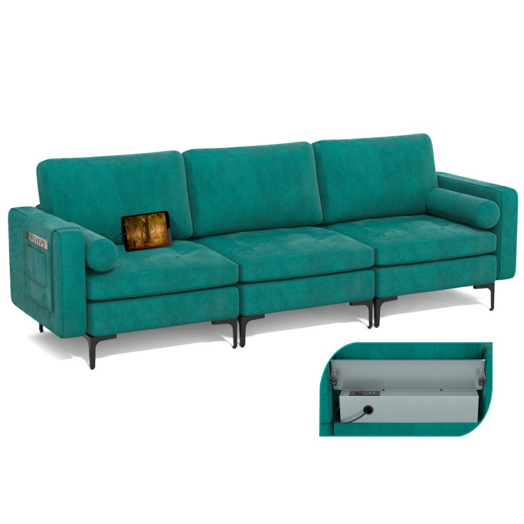 L-shaped 3-seat modular sofa in peacock blue suede with USB port, featuring soft cushions and side pocket for storage.