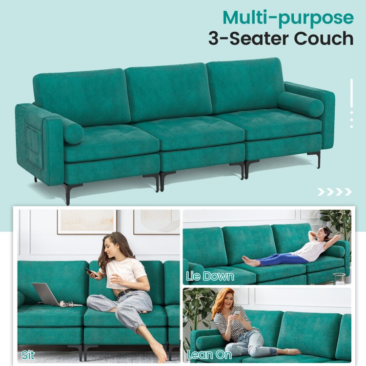 Peacock blue 3-seater modular sofa couch with USB port, featuring soft cushions and ergonomic support for comfort.