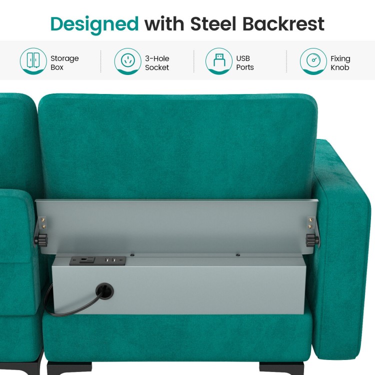 Modular 3-seat L-shaped sectional sofa in peacock blue suede with USB port and steel backrest for added comfort and.