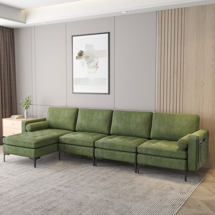 Modular L-shaped 4-seat sectional sofa in army green suede with reversible chaise and USB sockets for versatile comfort.