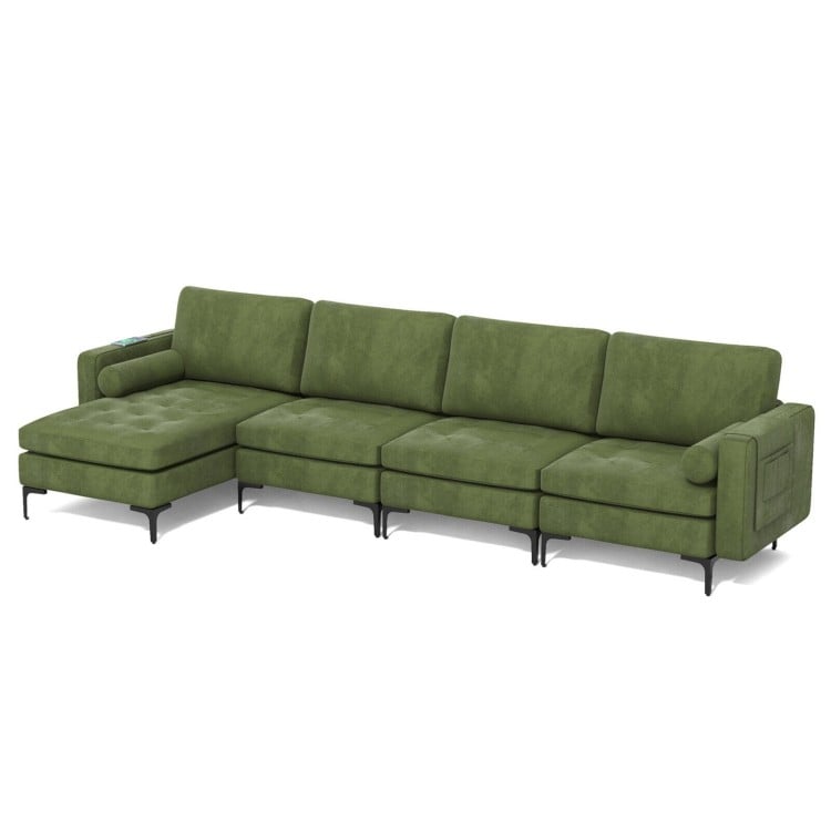 Modular L-shaped 4-seat sectional sofa in army green suede with reversible chaise, USB ports, and soft back cushions.