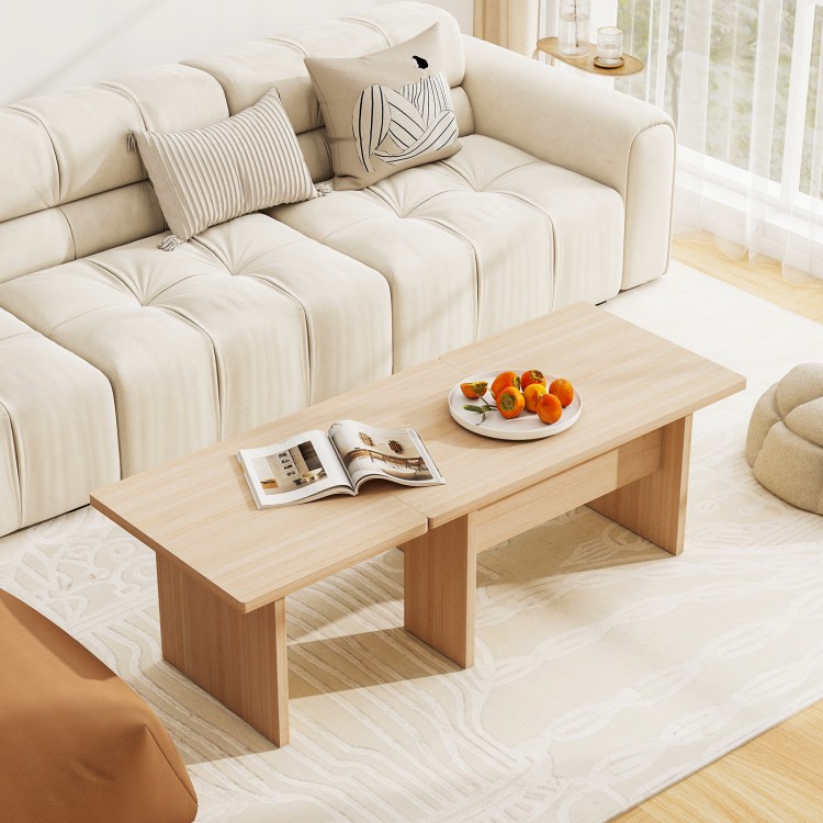 Modular L-shaped coffee table set in oak, featuring a space-saving design and rounded corners for safety.