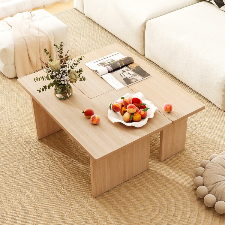 L-shaped modular coffee table set in oak, featuring rounded corners and a space-saving design for small spaces.