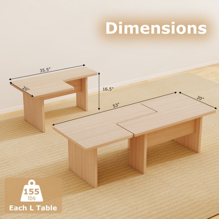 Modular L-shaped coffee table set dimensions, featuring oak finish and space-saving design for small spaces.