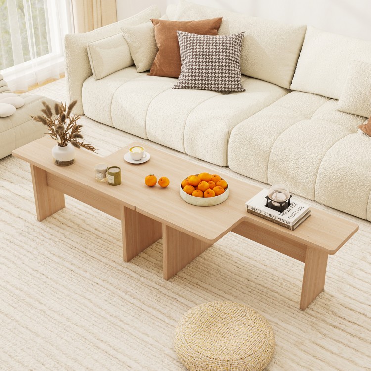 L-shaped modular coffee table set in oak, featuring rounded corners and space-saving design for small spaces.