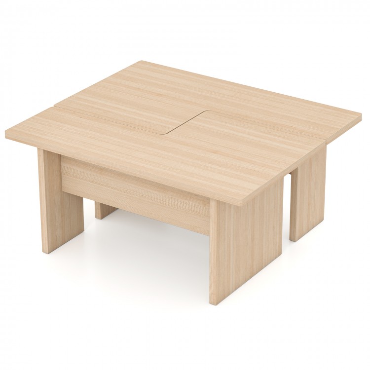 Modular L-shaped coffee table set in oak, designed for small spaces with rounded corners and protective foot pads.