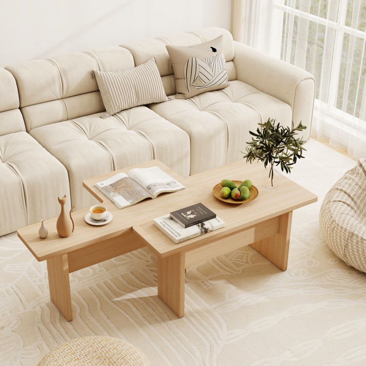 L-shaped modular coffee table set in oak, featuring rounded corners and space-saving design, perfect for small spaces.