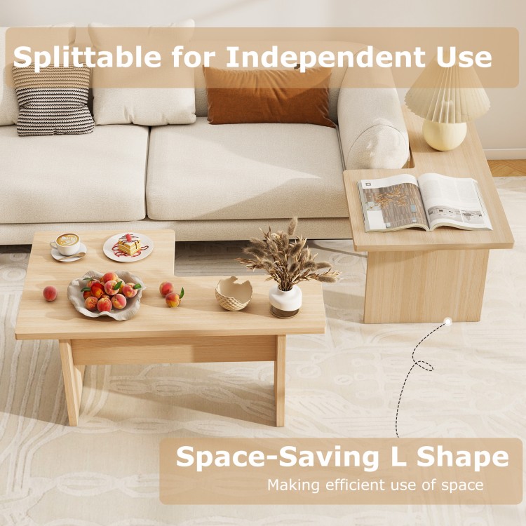 Modular L-shaped coffee table set of 2 in oak, designed for small spaces, featuring rounded corners and protective foot.
