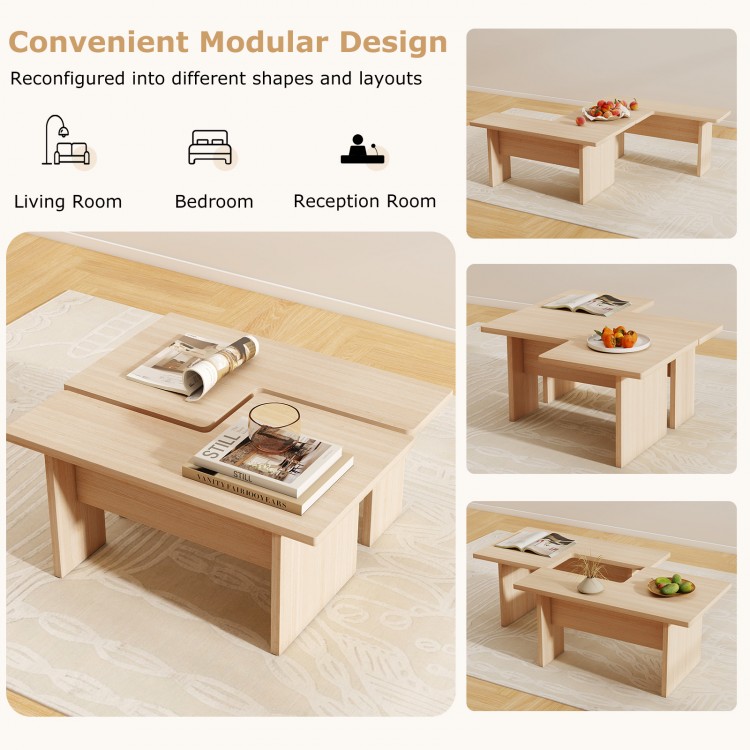 L-shaped modular coffee table set of 2 in oak, designed for small spaces, perfect for living room or bedroom use.