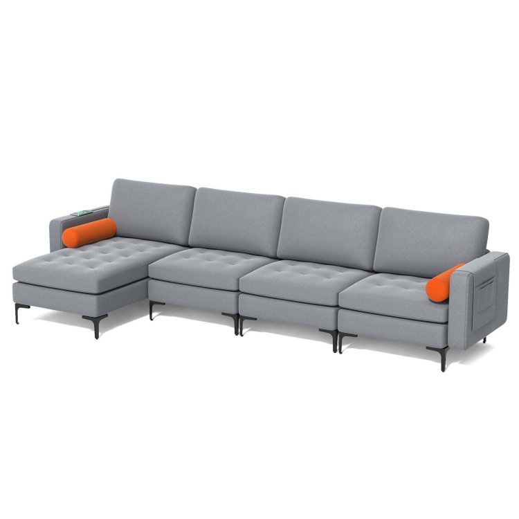 Modular L-shaped 4-seat sectional sofa in gray with reversible chaise, USB ports, and hidden storage for versatile.