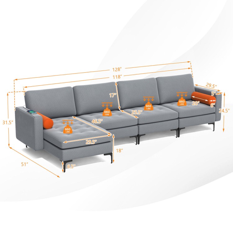 Modular L-shaped 4-seat sectional sofa in gray with reversible chaise, USB sockets, and hidden storage for versatile.