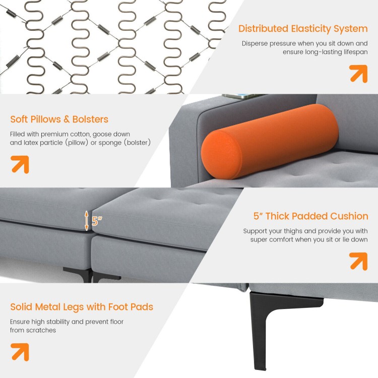 Modular L-shaped sectional sofa in gray with soft cushions, USB ports, and solid metal legs for versatile comfort and.