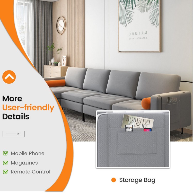 Modular L-shaped 4-seat sectional sofa in gray with side pocket, USB ports, and soft cushions for versatile comfort.