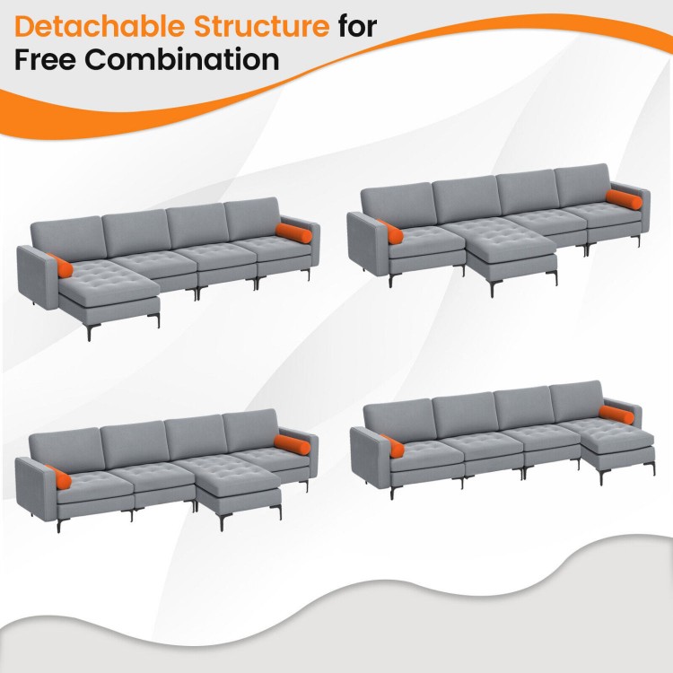 Modular L-shaped 4-seat sectional sofa in gray with reversible chaise, USB sockets, and detachable structure for.