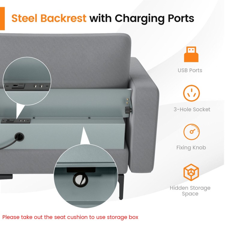 Modular L-shaped sectional sofa in gray with USB ports, hidden storage, and soft backrest for versatile comfort.