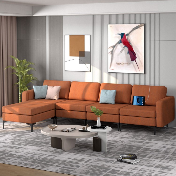 L-shaped sectional sofa in orange with ergonomic backrests and plush cushions, ideal for family gatherings and.