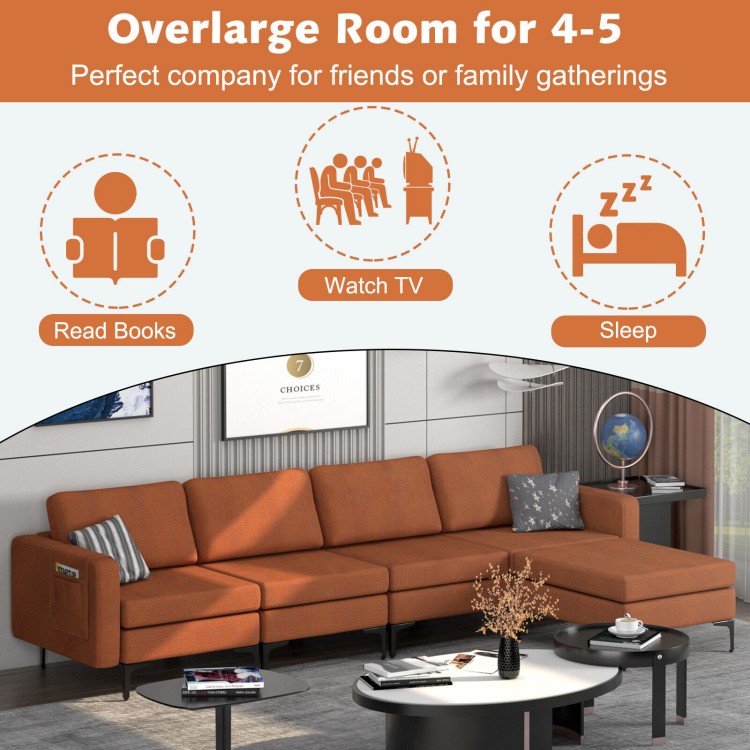 Modular L-shaped sectional sofa in orange with reversible ottoman, USB ports, and hidden storage for family gatherings.
