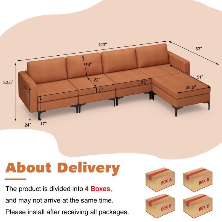 Modular L-shaped sectional sofa in orange with reversible ottoman, featuring USB ports and hidden storage for.