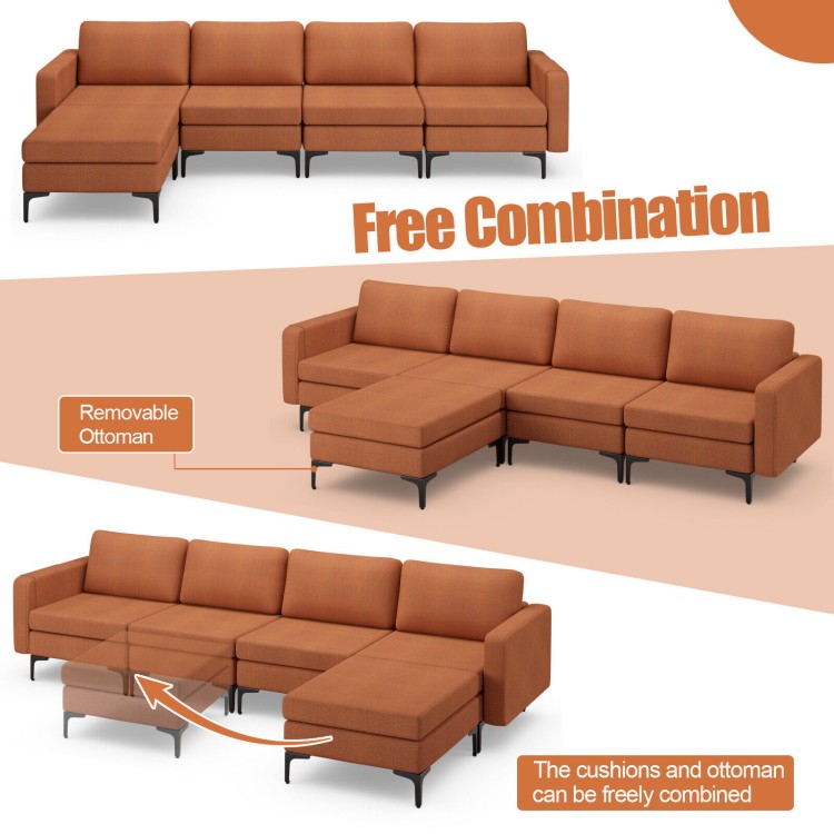 Modular L-shaped sectional sofa in orange with removable ottoman, featuring USB ports for convenient charging.