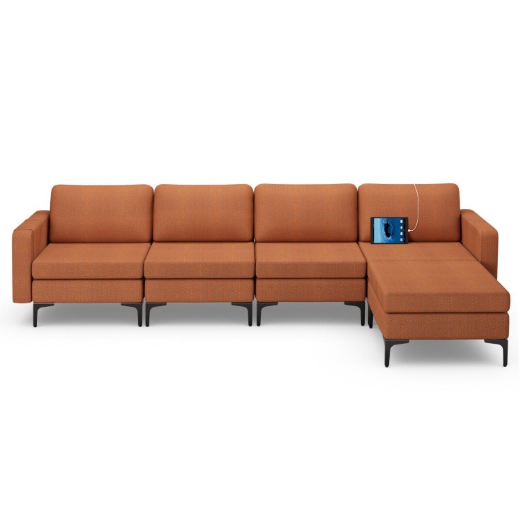 Modular L-shaped sectional sofa in orange with reversible ottoman and 2 USB ports, perfect for gatherings and comfort.