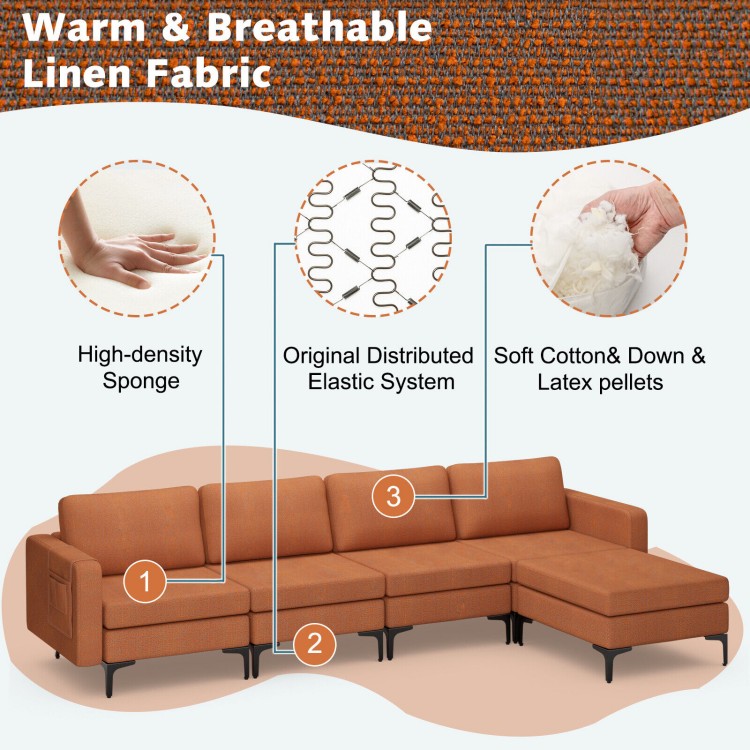 Modular L-shaped sectional sofa in orange with reversible ottoman, USB ports, and ergonomic cushions for cozy.