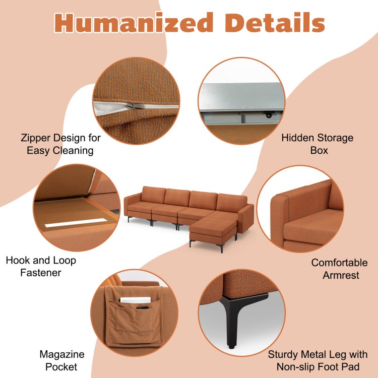 Modular L-shaped sectional sofa in orange with removable ottoman, USB ports, and hidden storage for versatile seating.