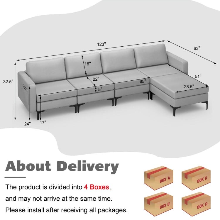Modular L-shaped sectional sofa in light gray with reversible ottoman, USB ports, and ergonomic backrests for comfort.