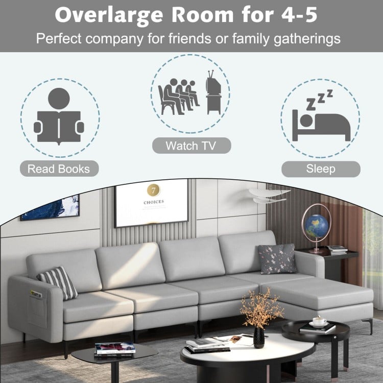 Modular L-shaped sectional sofa in light gray with reversible ottoman, USB ports, perfect for family gatherings.