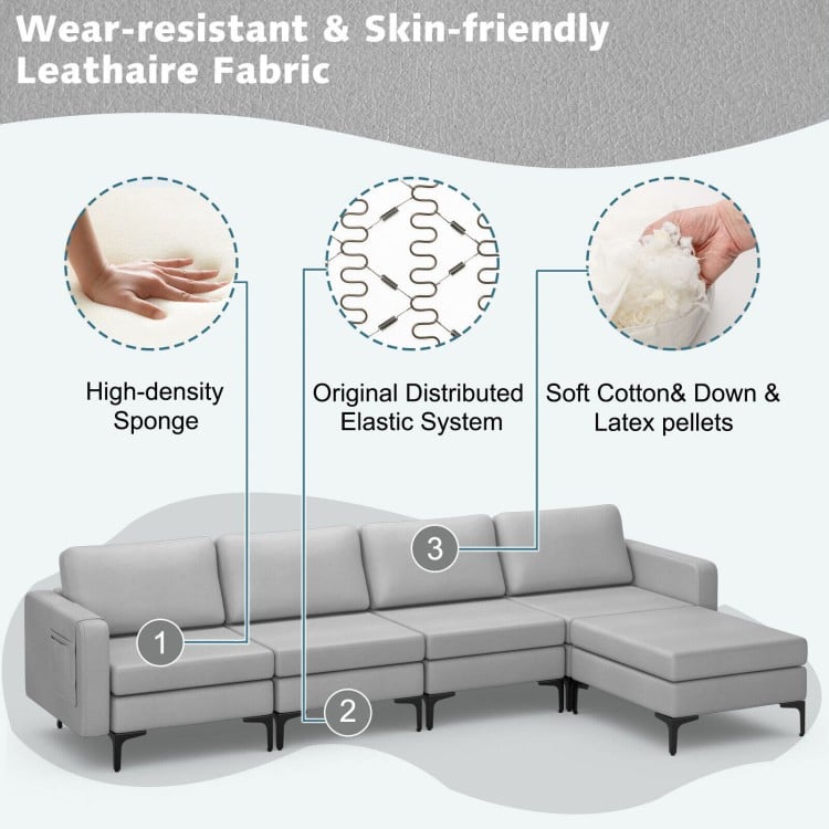 Detail of the modular L-shaped sectional sofa showcasing the skin-friendly Leathaire fabric and ergonomic design.