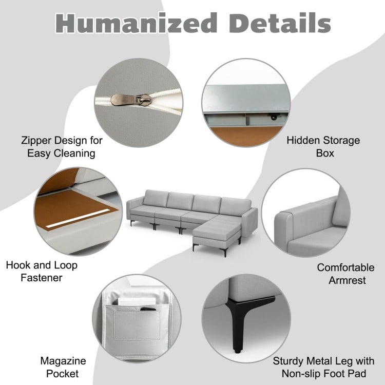 Modular L-shaped sectional sofa in light gray with reversible ottoman, USB ports, and hidden storage for convenience.