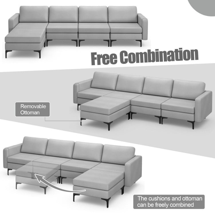 Modular L-shaped sectional sofa in light gray with removable ottoman, featuring USB ports for convenient charging.