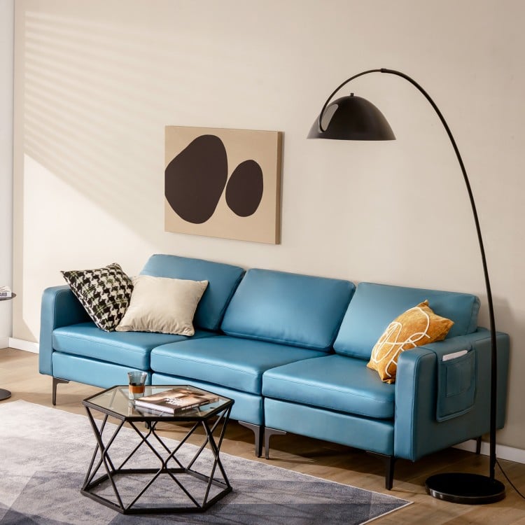 L-shaped modular 3-seat sectional sofa in blue with reversible chaise and USB ports, perfect for modern living rooms.