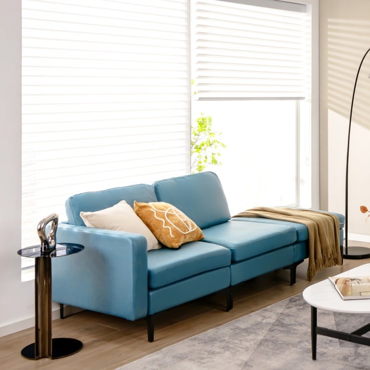 Modular 3-seat L-shaped sectional sofa in blue with reversible chaise and USB ports, perfect for modern living rooms.