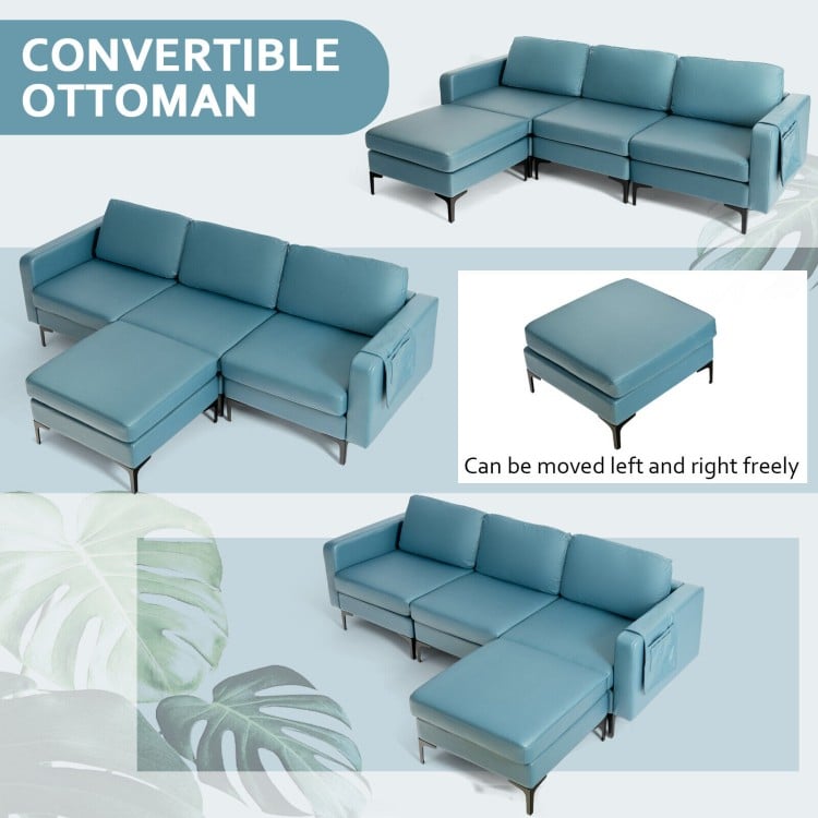 Modular 3-seat L-shaped sectional sofa in blue with reversible ottoman and USB ports, perfect for versatile living room.