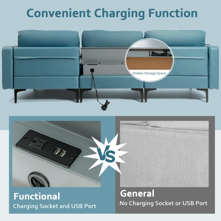 Modular 3-seat L-shaped sectional sofa in blue with reversible chaise and built-in USB ports for convenient charging.