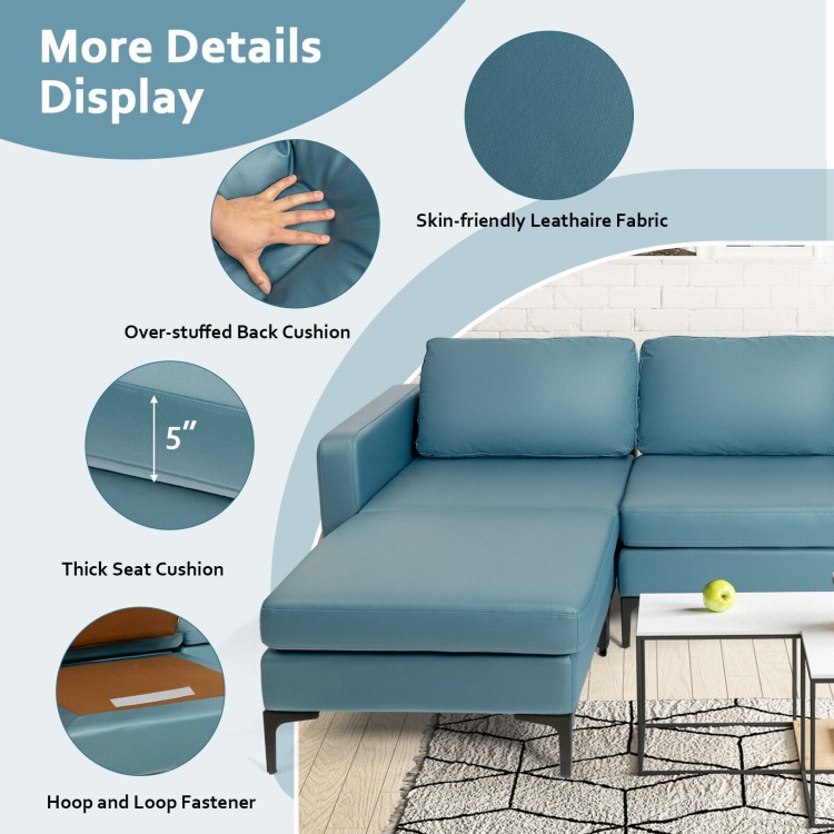 Close-up of the blue modular L-shaped sectional sofa with thick seat cushion and skin-friendly leather fabric.