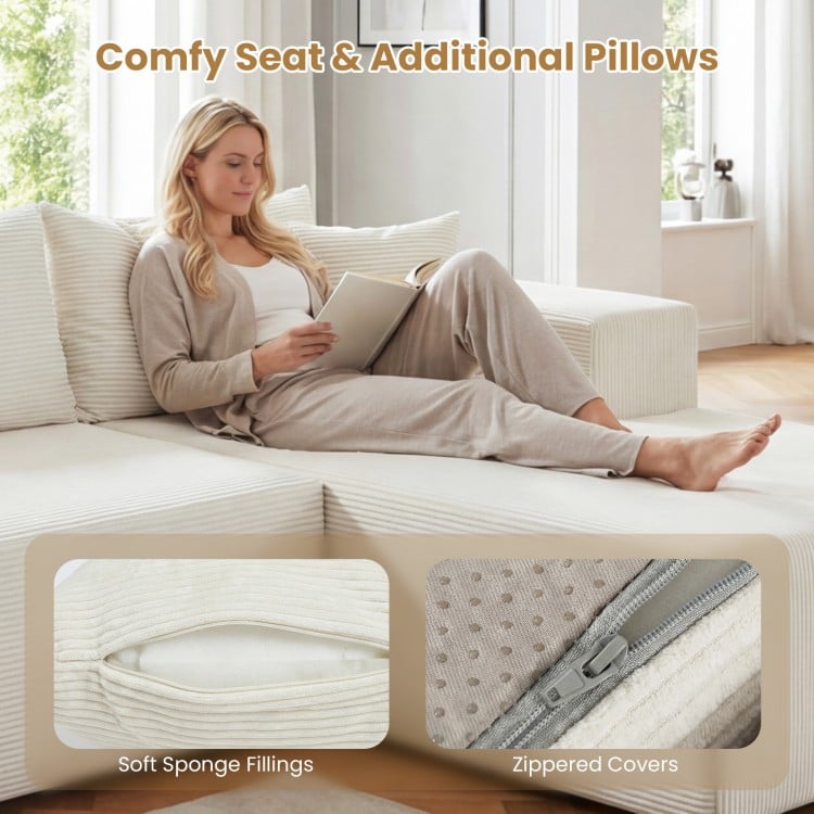 Modular L-shaped sofa in beige with soft sponge fillings, zippered covers, and ergonomic comfort for cozy seating.