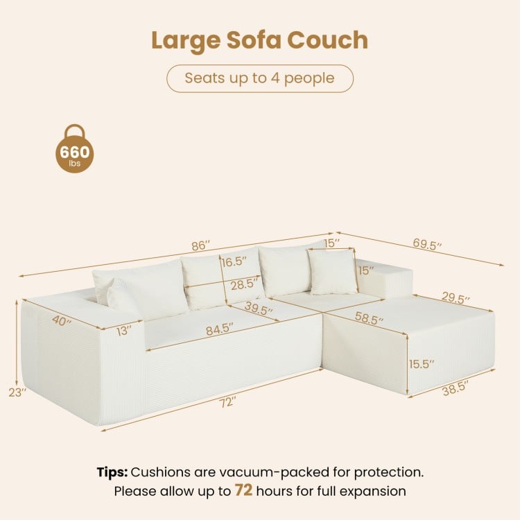 Modular L-shaped sofa couch in beige with deep seats, supportive backrests, and dimensions for 4 people.