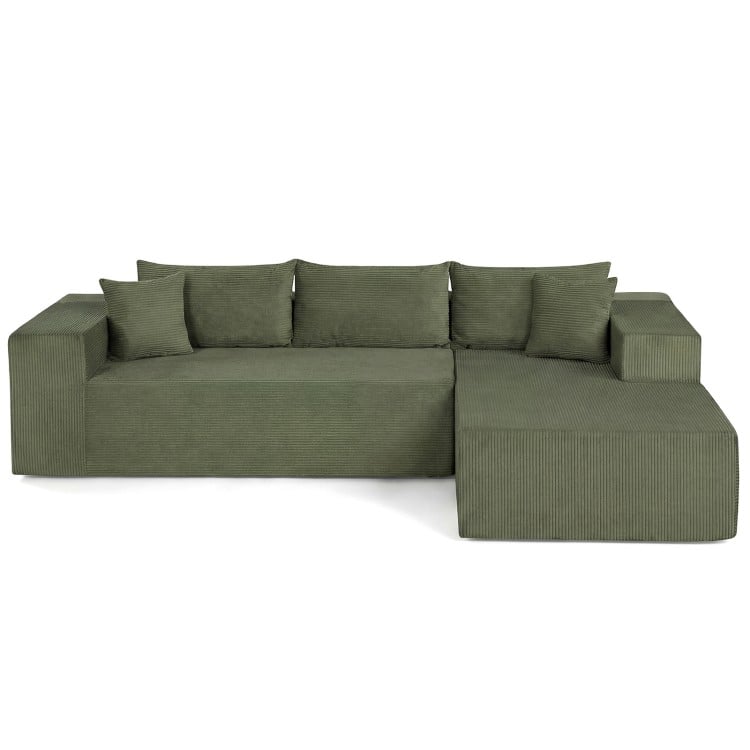 L-shaped green corduroy modular sectional sofa with deep seats and supportive backrests, perfect for 4 people.
