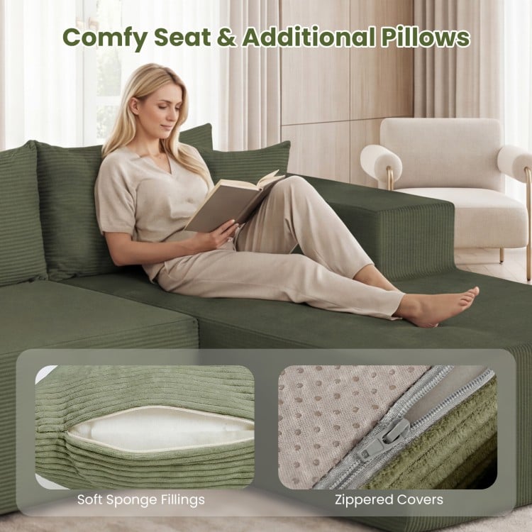 Modular L-shaped sofa in green corduroy with deep seats, soft sponge fillings, and zippered covers for easy cleaning.