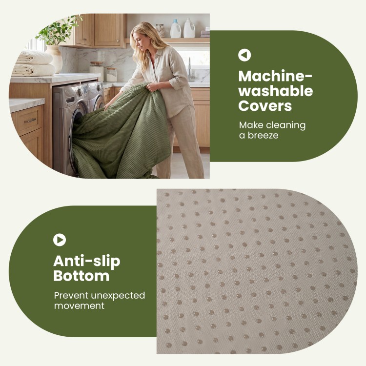 L-shaped green corduroy sofa with deep seats, machine-washable covers, and anti-slip bottom for stability.
