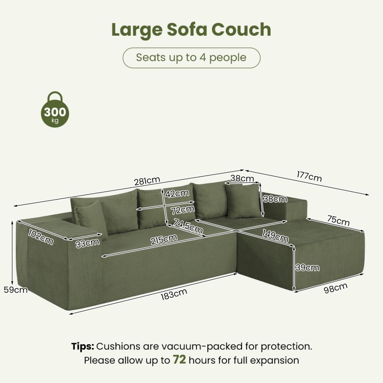 L-shaped modular sectional sofa in green corduroy, designed for 4 people with deep seats and ergonomic support.
