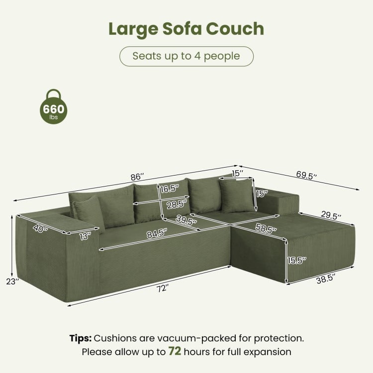 L-shaped green corduroy sectional sofa with deep seats, designed for 4 people, showcasing dimensions and ergonomic.