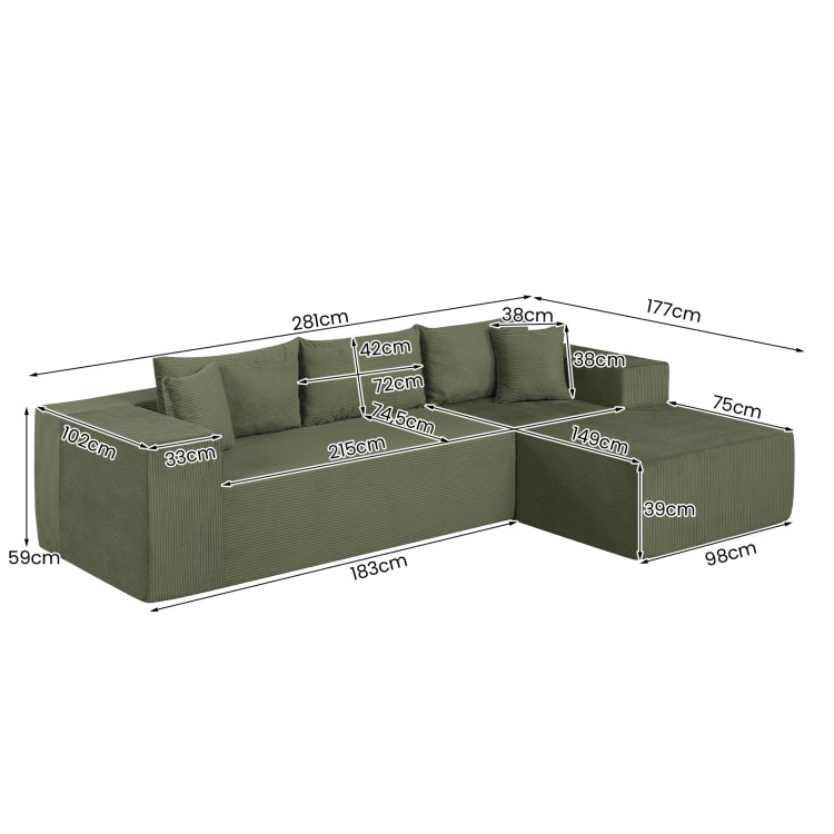 L-shaped green modular sectional sofa with deep seats, supportive backrests, and dimensions for comfortable seating.
